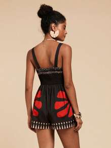 Travachic Damen Jumpsuit mit Blume Muster für den Urlaub, Frühling/Sommer - Schwarz - Übersicht 2