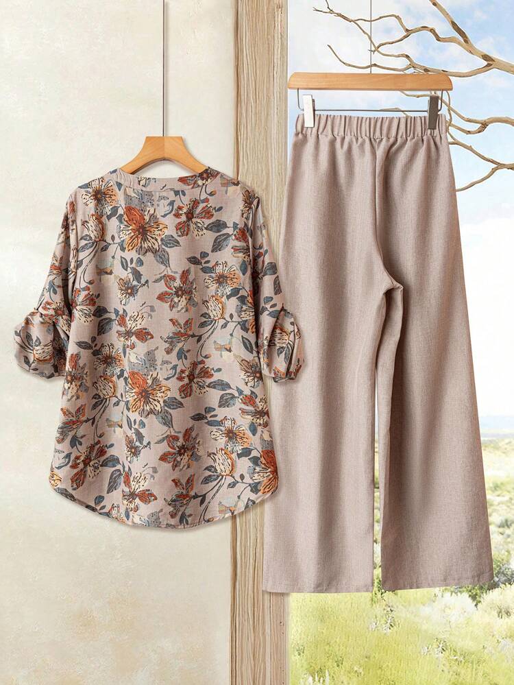 2 Pieces Set Plus Size Women's Floral Print Long Sleeve Shirt And Linen Color Pants Set, Casual Country Style For Vacation, Autumn,Going Out Tops,Fall Women Clothes Country Outfit,Fall Clothes For Women,Vintage,Going Out Outfits, New Clothes,Flower/Spring/Summer