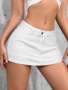 SHEIN Tall Váy denim siêu ngắn đa năng màu trơn thường ngày cho nữ, mùa hè - trắng - Xem 5