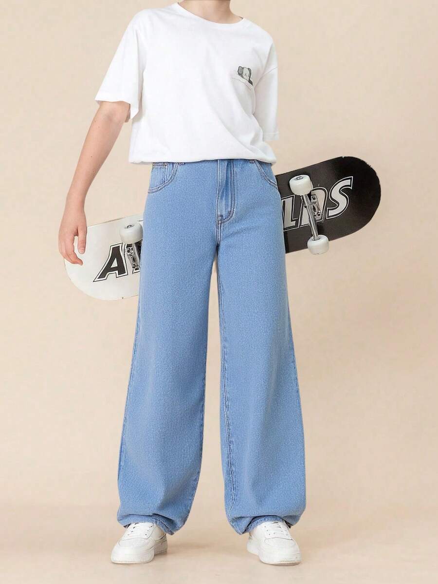 SHEIN 男童休闲水洗直筒牛仔裤，秋冬季百搭时尚 - 淺色水洗藍 - 查看 1