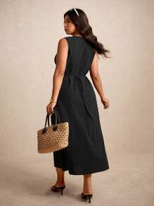 Elaquor Plus Size Solid Color Sleeveless Casual Holiday Dress,Summer Outfits For Women - Black - View 2