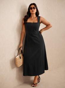 Elaquor Plus Size Solid Color Sleeveless Casual Holiday Dress,Summer Outfits For Women - Black - View 5