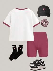 SHEIN Leap Crew 2 件套青少年女孩休闲简约短袖 T 恤和短裤套装，适合夏季 - 彩色 - 查看 2