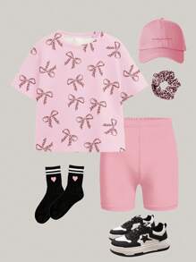 SHEIN Leap Crew 2 件套青少年女孩休闲简约短袖 T 恤和短裤套装，适合夏季 - 彩色 - 查看 3