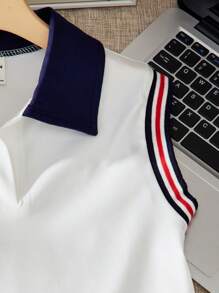 SHEIN Young Girls Casual Fashion Lapel Sleeveless Pleated Dress - White - View 4