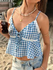 Jouncy 褶皱蕾丝拼布纹理格子吊带背心上衣，清爽可爱，适合春夏