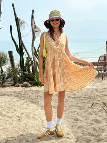 Jouncy Women V-Neck Sleeveless Plaid Dress, Suitable For Summer Casual Vacation - Multicolor - View 4