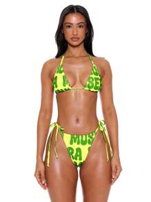 Musera Resort Halterneck Graphic Print Tie Back Triangle Bikini Top Only Summer Spring Holiday Vacation Sexy Club Ibiza Beachwear Festival Rave Carvinal - Green - View 5