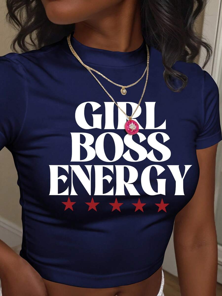 个性化标语性感 Y2K 风格短袖 T 恤，简约时尚，适合夏季 - 藏蓝色 - 查看 1