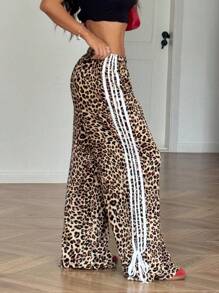 SHEIN EZwear 女式休闲豹纹侧蝴蝶结腰裤 - 棕色 - 查看 5