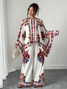 Elenzga Plus Size Floral Print Asymmetrical Hem Batwing Casual Shirt + Loose Wide Leg Pants Elegant Two Pieces Set, Suitable For Party Fall Cloth For Women - Multicolor - View 5