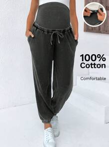 SHEIN Casual Cropped Maternity Pants For Everyday Comfort: Semi-Sheer Knitted Fabric With Adjustable Waistband And Drawstring - White - View 1