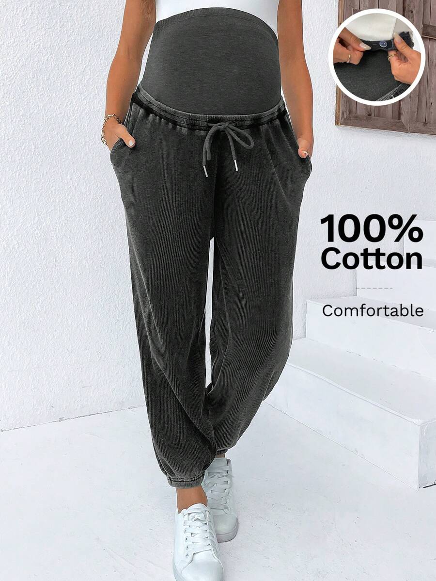 SHEIN Casual Cropped Maternity Pants For Everyday Comfort: Semi-Sheer Knitted Fabric With Adjustable Waistband And Drawstring - White - View 1