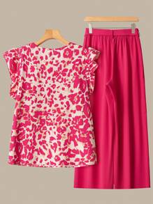 Linhara 2 件套加大码女式紫红色豹纹 V 领盖袖上衣和纯色系腰裤，休闲舒适装，适合日常外出和度假 - 彩色 - 查看 2