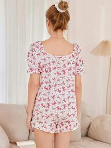 Dream Adore 浪漫蝴蝶结心形印花方领缎带夸张蝴蝶结装饰睡衣套装节日季