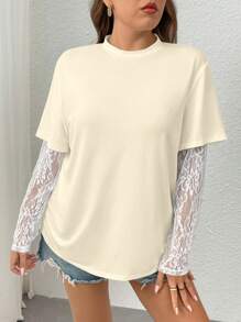 Calvaya Plus Size Women's Lace Patchwork Straight Short Sleeve T-Shirt, Spring/Summer