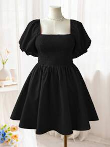 Flirla Đầm tay đèn lồng hở lưng màu trơn cổ tròn dễ thương ngọt ngào phong cách công chúa tối giản thời trang sinh viên lãng mạn ngày lễ tình nhân mùa cưới lễ phục sinh - màu đen - Xem 4