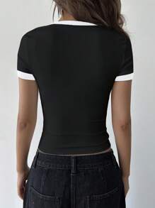 DAZY Women Contrast Color Block Round Neck Short Sleeve Bow Print Slim Fit T-Shirt - Black - View 5