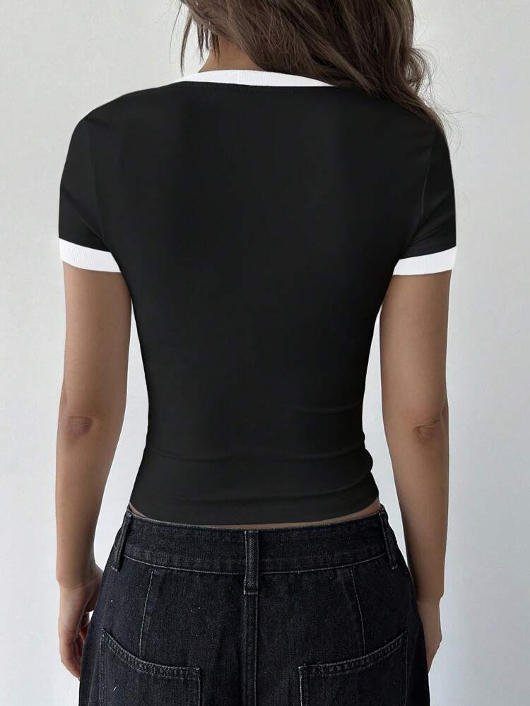 Women Contrast Color Block Round Neck Short Sleeve Bow Print Slim Fit T-Shirt