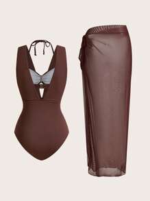 Swim Oasis 1set Women Metal Decor Hollow Out Halter One-Piece Swimsuit Top With Matching Sarong Wrap & Skirt Swimsuit Set, For Vacation For Summer