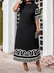 SHEIN Lady Große Größen Sommer Urlaubs Kleid mit Schwarz Muster für Frauen, Damen Große Größen lässiges, einfaches Kleid, geeignet als Sommerkleid, Osterkleider, Frauen Strandoutfits für Urlaub, Boho-Stil