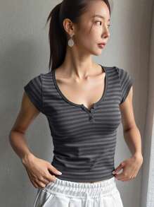 DAZY Women Front Button Simple Casual Stripe Patchwork Fitted Short Sleeve T-Shirt Y2k Summer,Crop Tops Women Cute Tops - Dark Grey - View 3