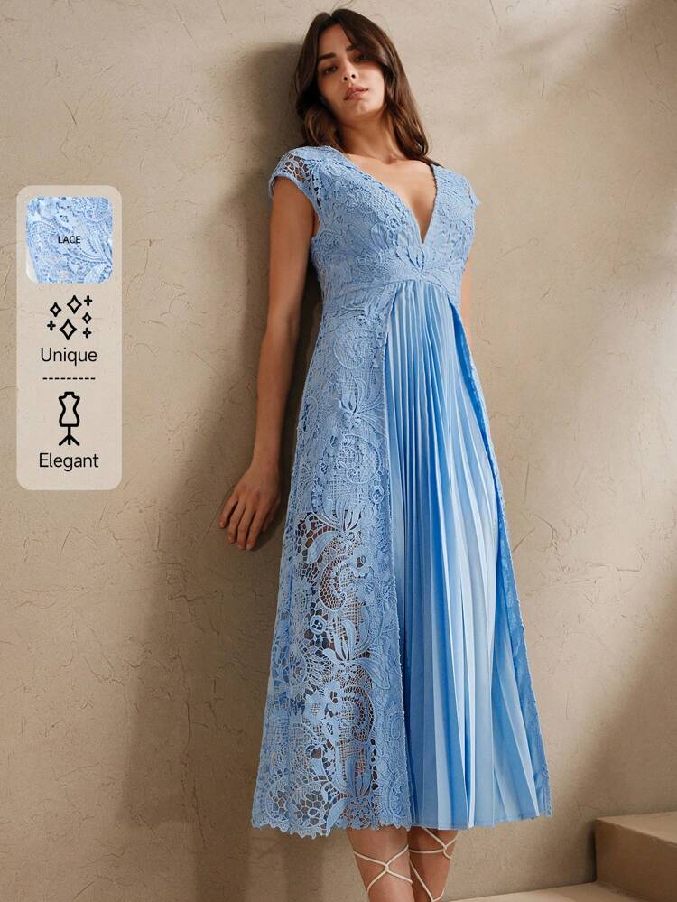 Vestido Midi Elegante Vintage com Decote em V, Plissado, Renda Retalhos, adequado para Festival, Saída, Férias, Vestuário Modesto de Primavera/Verão para Mulheres