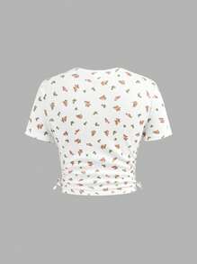 SHEIN Girlism Top de Malha de Manga Curta e Gola Redonda com Estampa Floral Delicada para Meninas Pré-Adolescentes, para Primavera e Verão