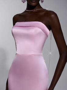 SHEIN Belle Blush Pink Spring Elegant Formal Party Wedding Bridesmaid Dress,Strapless Rhinestone Chain Decor Open Back Bodycon Fishtail Silhouette - Baby Pink - View 8
