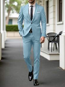 Calvornis Men's Solid Color Distressed Lapel Long Sleeve Jacket And Pants Casual Suit Set - Baby Blue - View 6