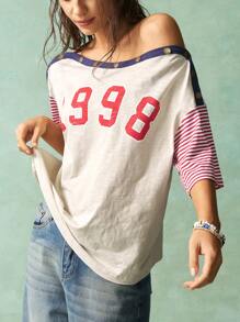 Bohemela Plus Striped & Number Print Asymmetrical Neck Tee - Apricot - View 6