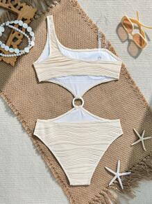 SHEIN 青少年女孩不对称分体连体泳衣，合身、休闲、舒适、运动风格