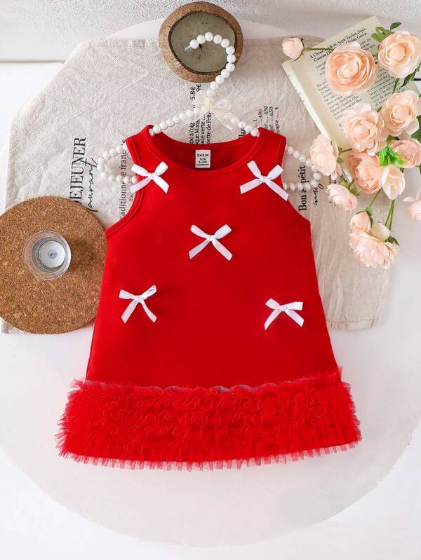 Baby Girls Cute Bowknot Decor Ruffle Trim Sleeveless Knit Dress For Summer, Korean Style, Pink