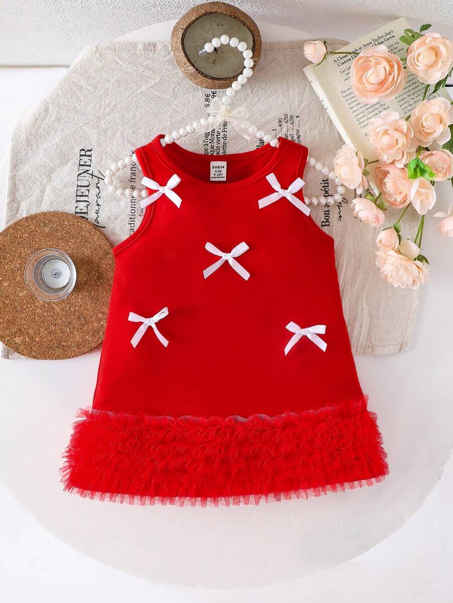 Glamorique Kids Vestido de punto sin mangas para bebé niña con decoración de moño y volantes, estilo coreano, color rosa - Rojo - Ver 1