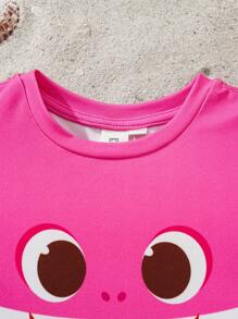 BABY SHARK X SHEIN 女婴卡通鲨鱼印花可爱休闲短袖T恤搭配粉色薄纱蝴蝶裙 - 粉色 - 查看 3