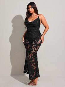 Viva Relle Plus Size Women Sexy Floral Mesh Embroidery Backless Maxi Dress - Black - View 4