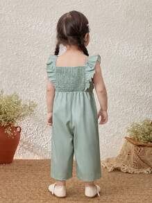 Blossori Baby Girls Pastoral Resort Embroidered Ruffle Hem Bib Overall Pants - Green - View 2