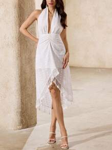 Aveloria Nuevo vestido elegante y vintage con cuello de pico profundo, diseño de cintura plisada y asimétrico, con encaje y bordados, con estilo francés chic y estilizador para mujeres