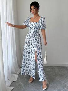 Elenzga Vestido maxi de verano para mujer con cuello cuadrado elegante, estampado floral y mangas abultadas con abertura lateral