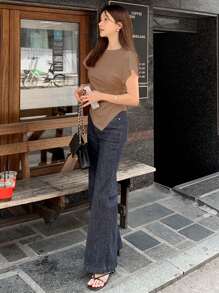 DAZY Women Close-Fitting Asymmetric Hem Cinched Waist T-Shirt Short Sleeve Top - Brown - View 5