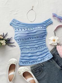 Soleia Women's Ivory Shoulder Cut-Out Fitted Knitted Top, Suitable For Party, Fashion Casual, Dating, Valentine's Day, Afternoon Tea Blue Knit Top Summer Knit Top Women Summer Top Light Blue Summer Top Cute Summer Top