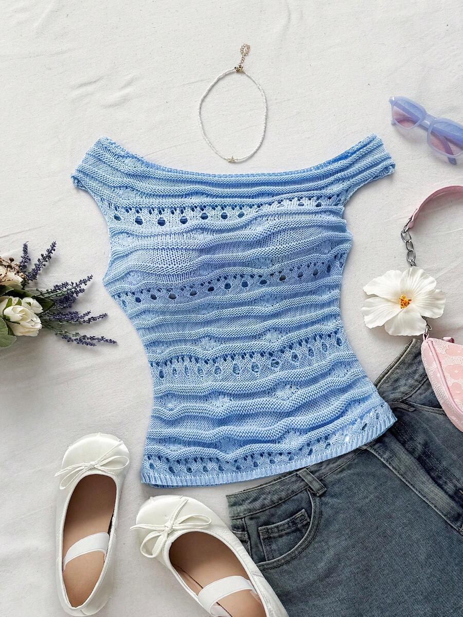 Soleia Women's Ivory Shoulder Cut-Out Fitted Knitted Top, Suitable For Party, Fashion Casual, Dating, Valentine's Day, Afternoon Tea Blue Knit Top Summer Knit Top Women Summer Top Light Blue Summer Top Cute Summer Top