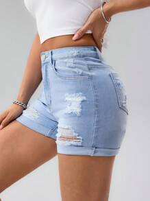 SHEIN PETITE Summer Casual Washed Ripped Slim Denim Shorts - Light Wash - View 1