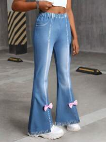 1pc Girls' Casual Cute Denim Effect Bow Print Flare Pants, Spring/Summer