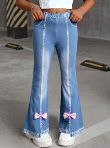 1pc Girls' Casual Cute Denim Effect Bow Print Flare Pants, Spring/Summer