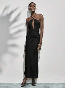 Lumivelle 全新优雅荷叶边细肩带连衣裙，高品质镂空露背修身长款雪纺连衣裙