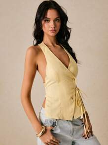 Poéselle 女士性感露背吊带短款上衣，夏季 - 黃色 - 查看 6