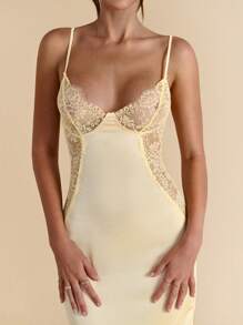 SHEIN BAE 优雅春夏纯红色蕾丝拼布缎面连衣裙，红色连衣裙，婚礼派对伴娘礼服，优雅连衣裙 - 紅色 - 查看 4