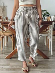 SHEIN VCAY Quần ống đứng cạp chun kẻ sọc cỡ lớn cho nữ, quần dài ngày lễ phong cách Bohemian giản dị cho tiệc hồ bơi, cô gái mùa hè theo phong cách Boho sang trọng, tiệc sáng muộn, sân bay, bãi biển, kỳ nghỉ, nghỉ ngơi trong thành phố, ngày lễ, trang phục miền Tây - trắng - Xem 4