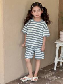 SHEIN 2 Stücke/Set Outfit für Kleine Mädchen mit bequemer schwarz-weißer gestreifter Crew Neck Kurzarm, Frühling/Sommer - Grau - Übersicht 4